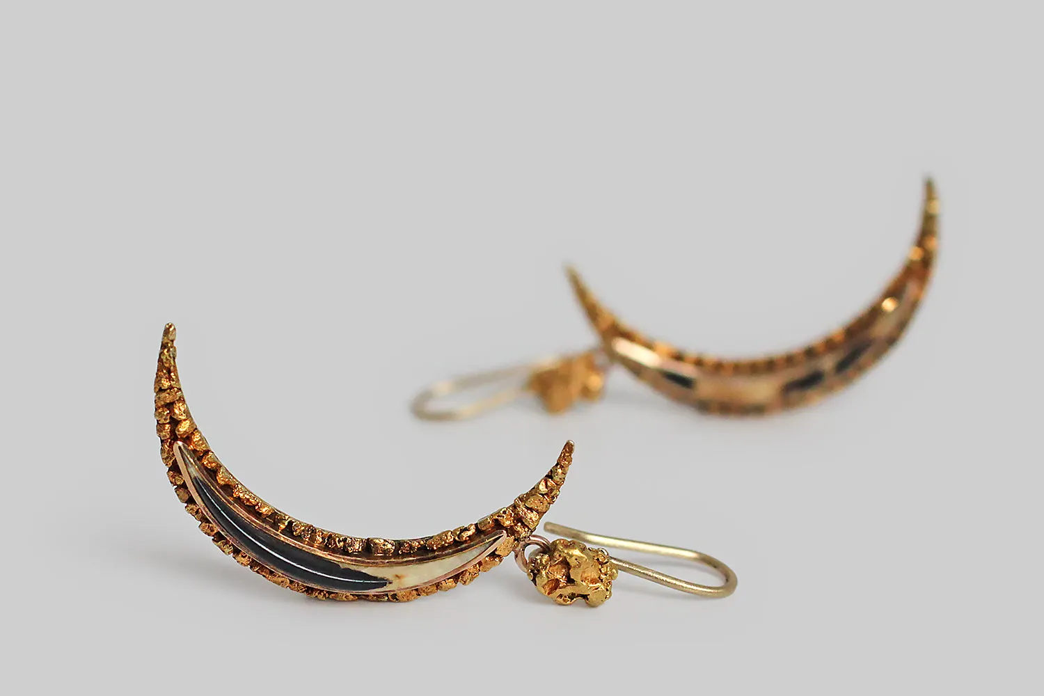 Victorian Era Natural Nugget & Horn Crescent Moon Earrings in 14k Gold