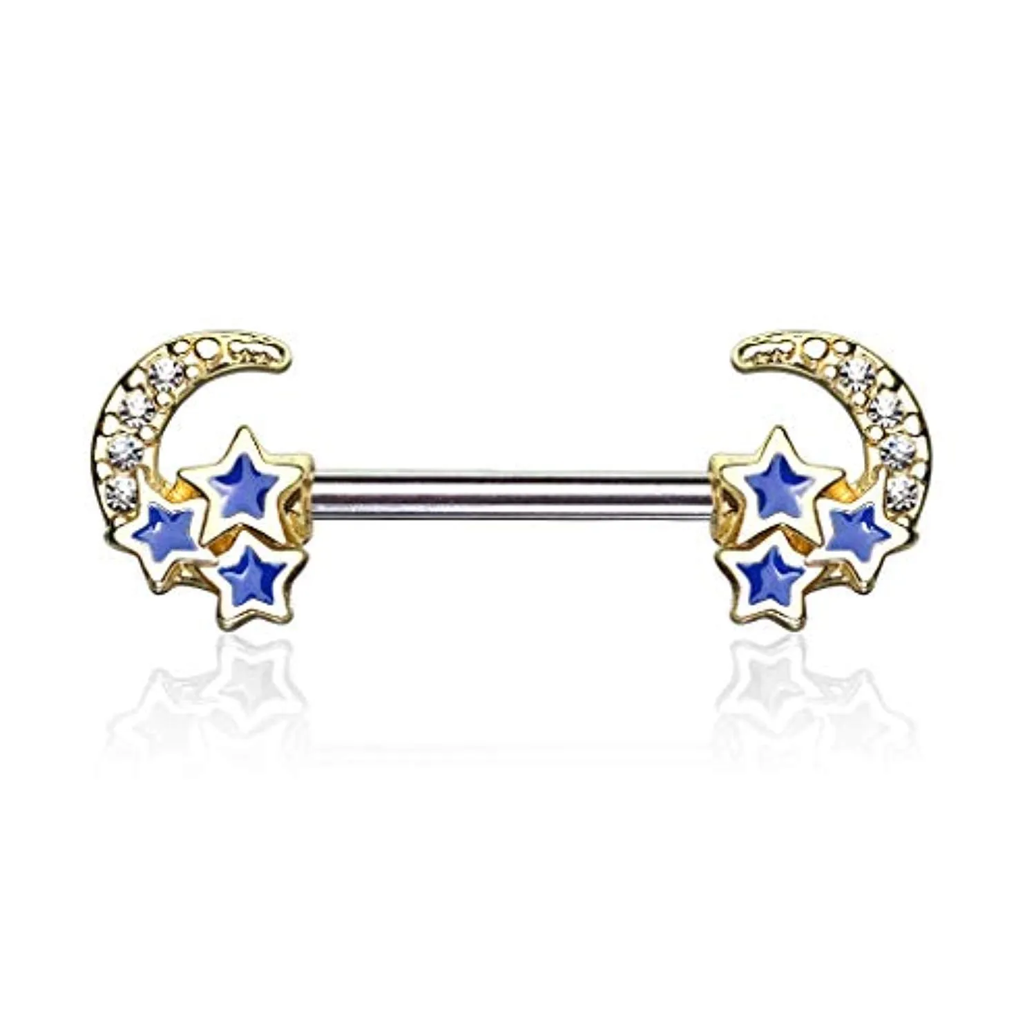 WildKlass CZ Paved Crescent Moon with 3 Blue Stars 316L Surgical Steel Nipple Barbell Rings