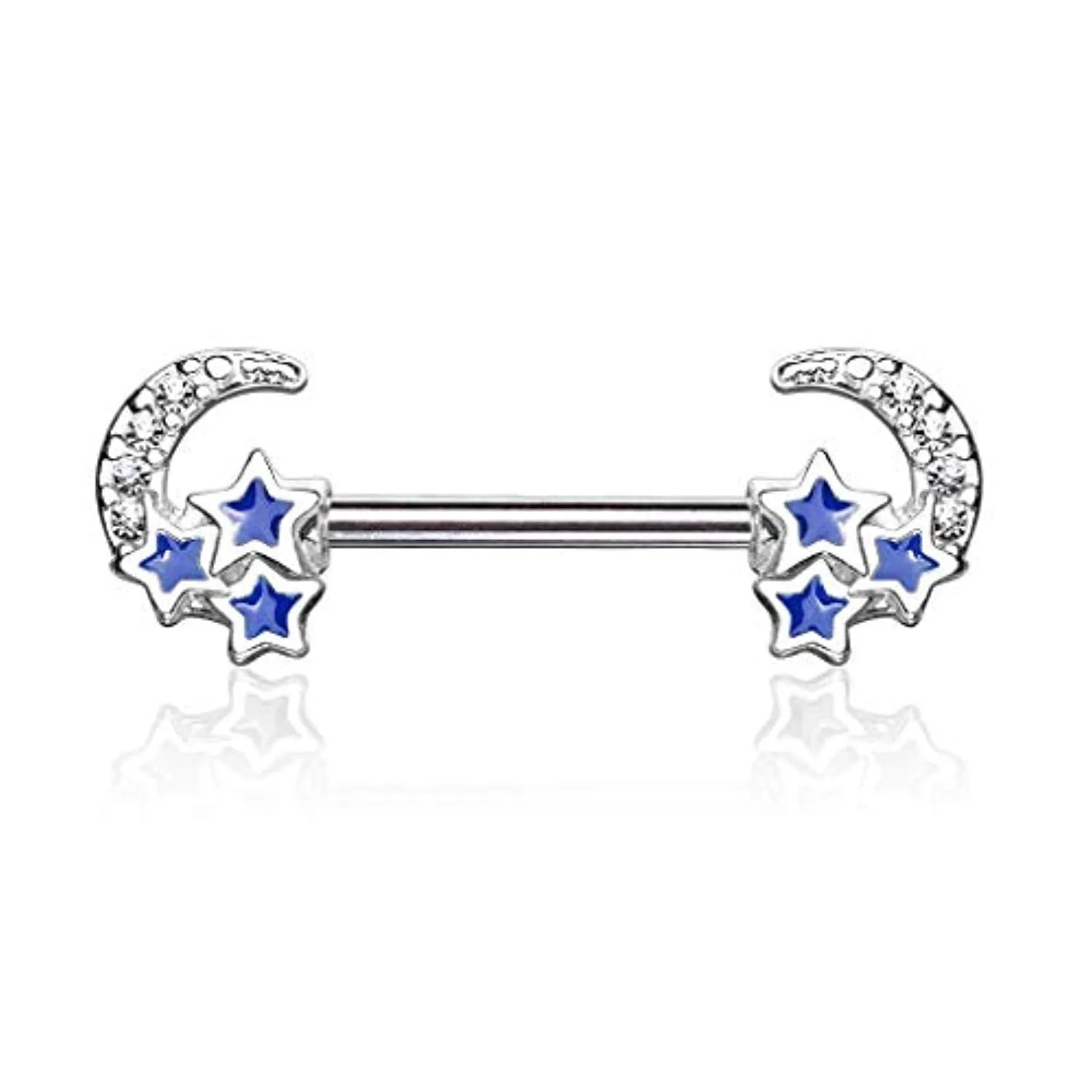 WildKlass CZ Paved Crescent Moon with 3 Blue Stars 316L Surgical Steel Nipple Barbell Rings